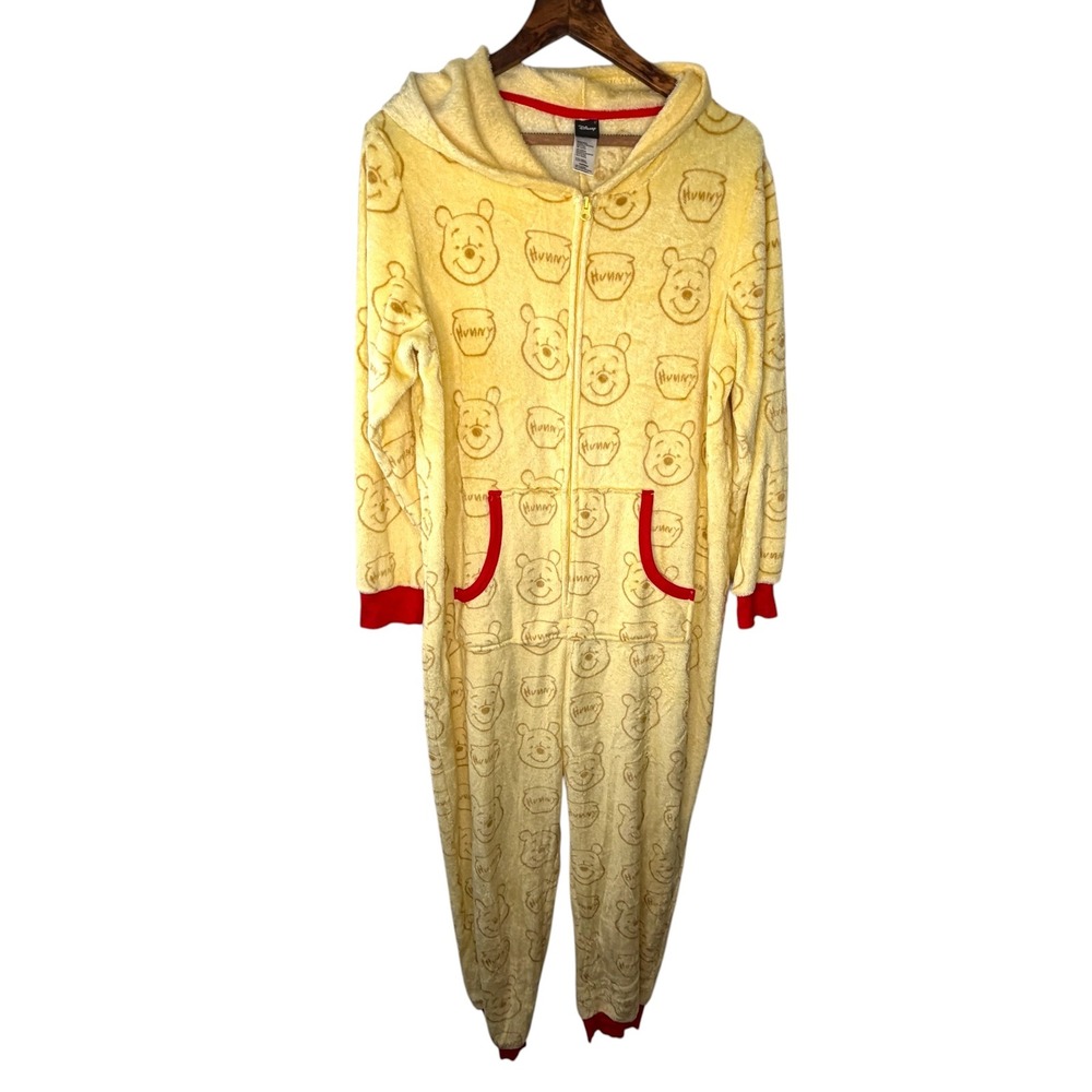 Disney Winnie the Pooh Fleece Hooded One Piece Pajamas Union Suit Yellow XL - Picture 2 of 11